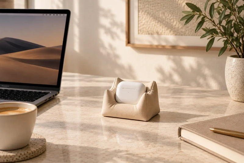 Minimalist earbud stand with wireless earbuds on a modern desk