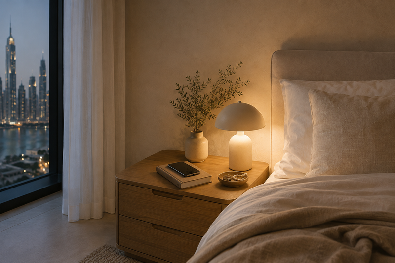 Thoughtfully styled bedside table with an aesthetic phone stand, lamp and book