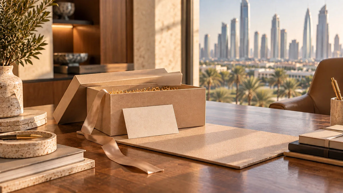 Thoughtful corporate gift with natural wood desk accessory for a small business