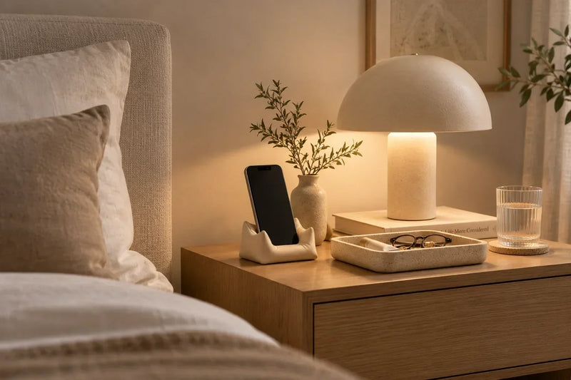 Minimalist beige bedroom with a phone resting on a sculptural phone stand on a wooden bedside table.