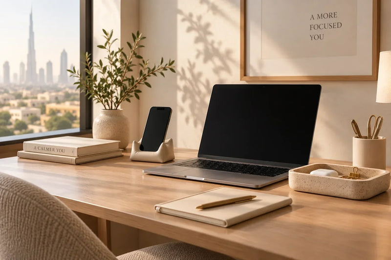 Warm minimalist home office with a laptop, phone stand, desk tray, notebook, plant and neutral décor on a light wood desk.