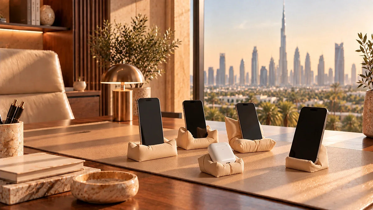 Premium corporate gift with natural wood desk accessory in an executive workspace